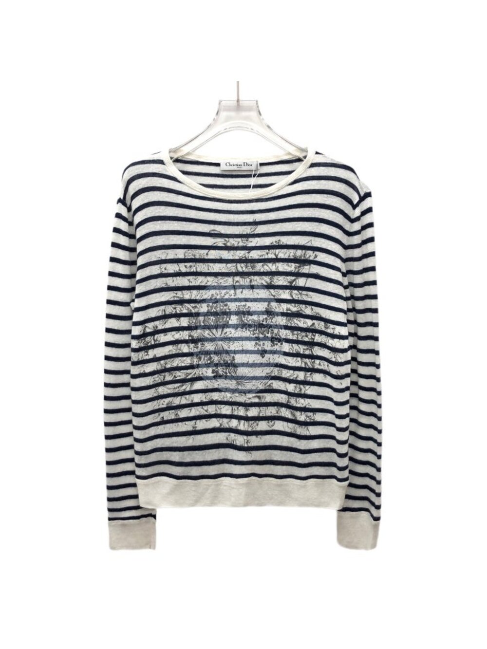 Dior Color-Block Striped Floral Print Linen Crew Neck Knit Sweater